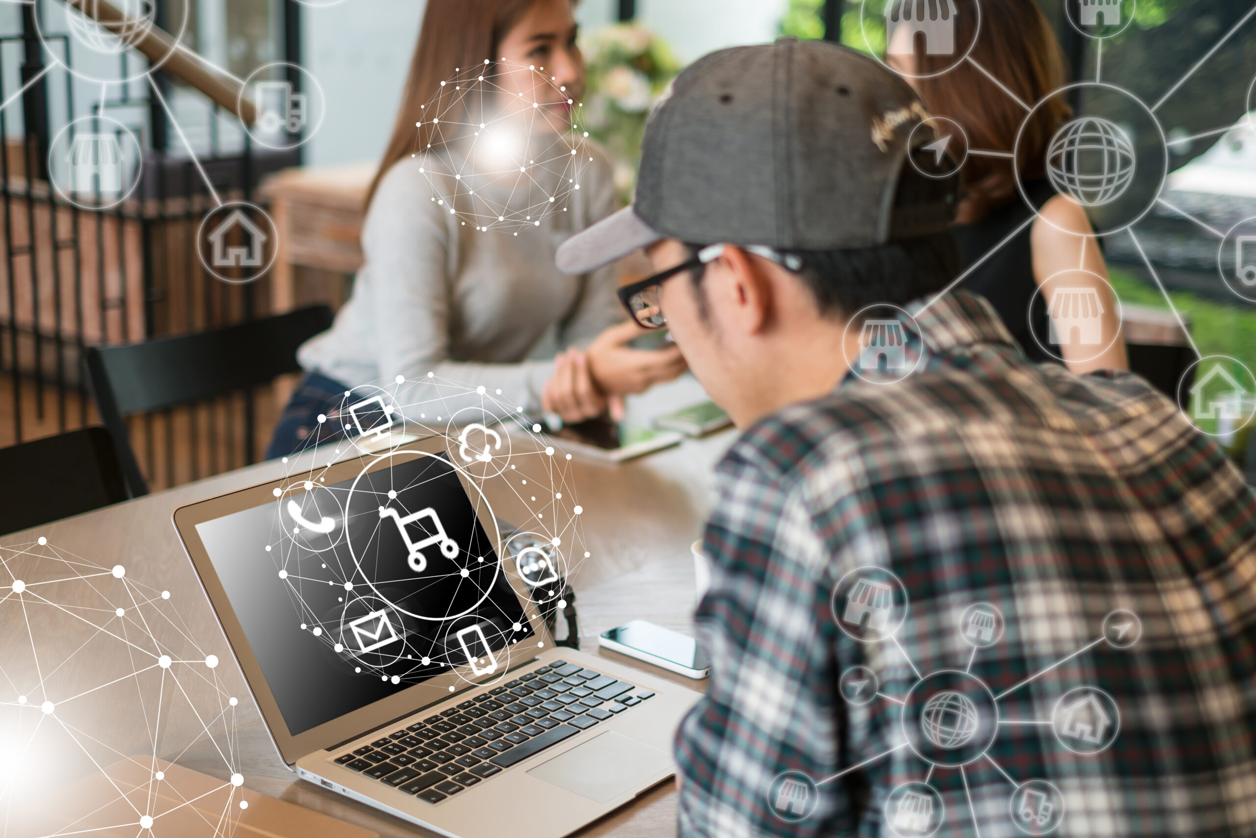 Man is payment online.Future technology concept. Multichannel communication icon network for digital marketing.internet of things conceptual sign, digital era and omni channel.